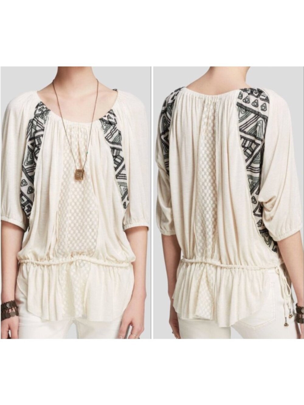 Free People Embroidered Butterfly Top Womens Size L Ivory Lace Boho Southwestern